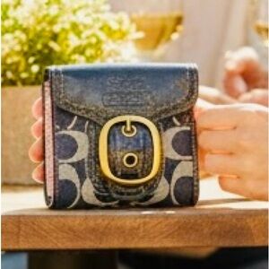 COACH Denim/Grey Leather w/Pink Plaid Interior Wallet w/Golden Hardware, NWT